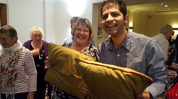 Ann Ashworth & Aniket Sardana with the pillows.