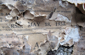 Newspaper fragment dated 1934 on the walls of Jason Green and Natalie Swain's house