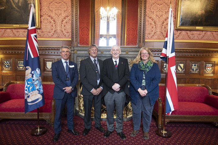 Tim Green of Cefas, Chief Islander James Glass, Speaker Sir Lindsey Hoyle, and Beccy Speight of the RSPB