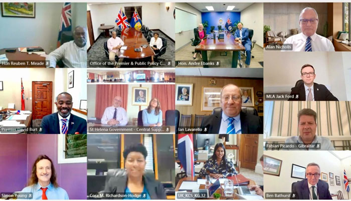 Group shot of all those taking part in the UK Government FCDO Ministers - Overseas Territory leaders video call on 5th August 2026