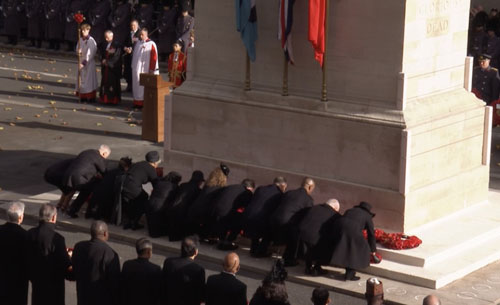 Overseas Territory representatives laying their wreaths at the Cenotaph.
      Chris Carnegy is second from the right.