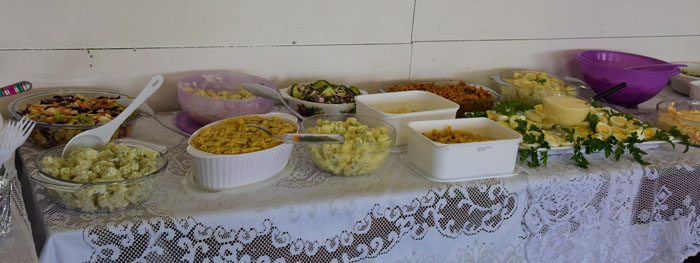 Salads laid out in Prince Philip Hall