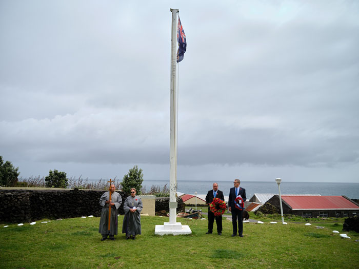The Remembrance party at the flagpole prior to wreath laying.

      Left to right: Dereck Rogers, Anne Green, Philip Kendall and Ian Lavarello.