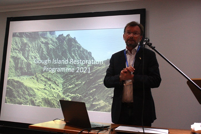 Andrew Callender giving his talk on the Gough Restoration Programme