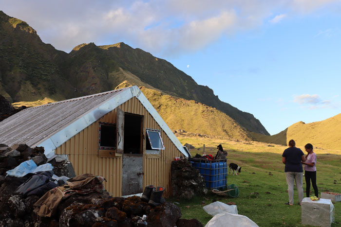 Steve and Jamie’s hut. Sasha and Sophie in front.
