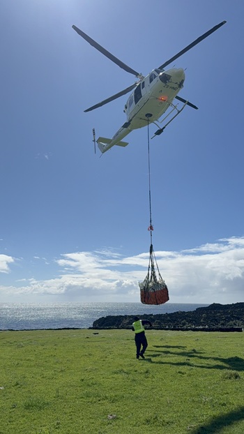 Helicopter landing cargo on shore.
