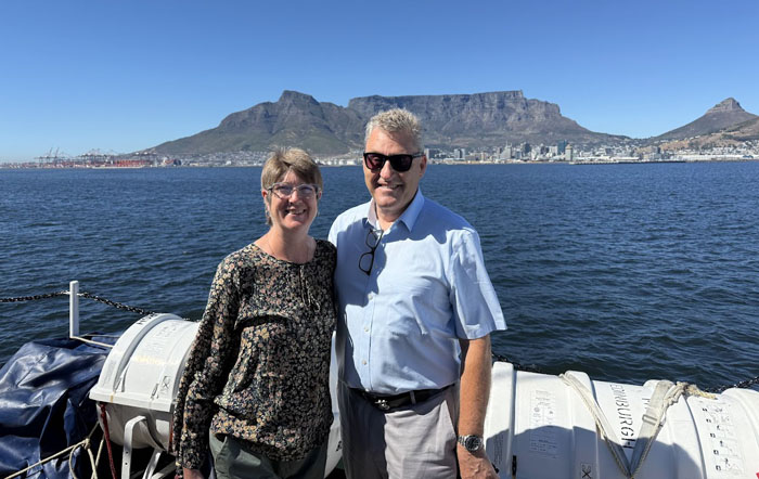 Philip and Louise Kendall on the deck of MFV Edinburh approaching Cape Town on 14th January 2026