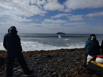 The Hondius at Nightingale Island and zodiacs waiting to pick up passengers. Photos: Wayne Swain