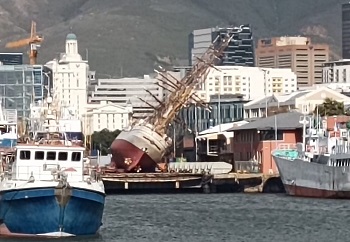 The Bark Europa toppled over in dry dock in Cape Town