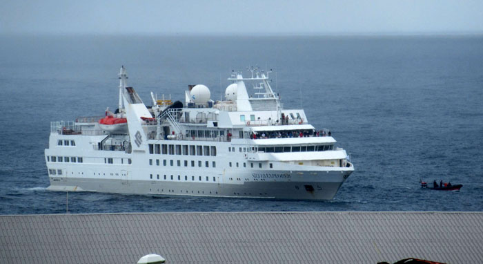 Cruise ship MV Silver Explorer off the settlement, Tristan da Cunha on 22nd March 2022.