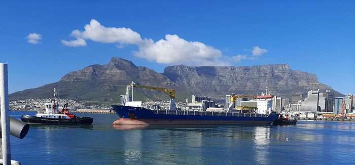 View of port traffic in Cape Town with Table Mountain behind from the MFV Edinburgh