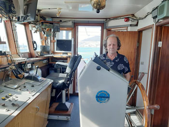 Captain Tony on the bridge of the MFV Edinburgh in Cape Town harbour
