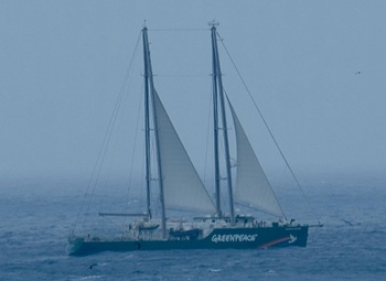 Greenpeace Rainbow Warrior sailing past the settlement