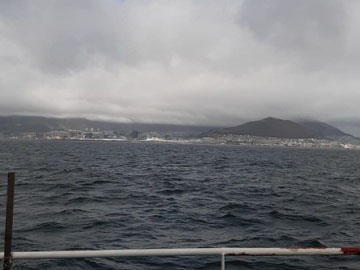 Cape Town recedes from view as the MFV Edinburgh departs for Tristan