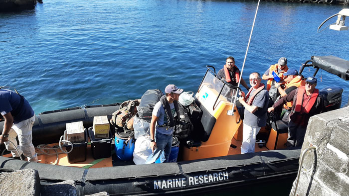 Tristan conservation team and their gear loaded into the RIB to join SV Urchin on their way to Gough